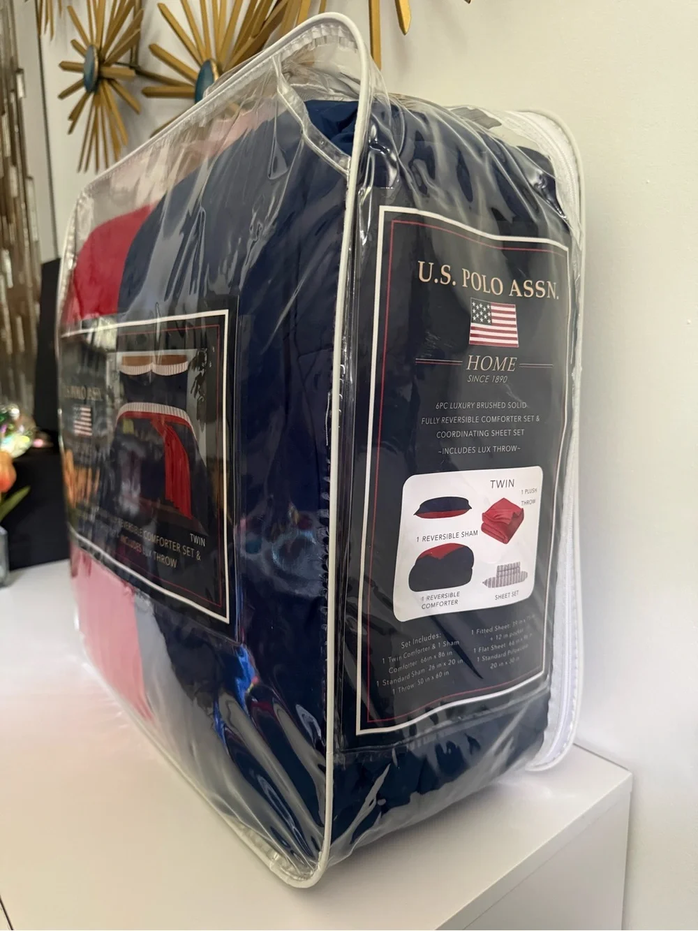 U.S. Polo Assn Home Twin 6Pc Navy Red Reversible Comforter Set Plush Throw NIP